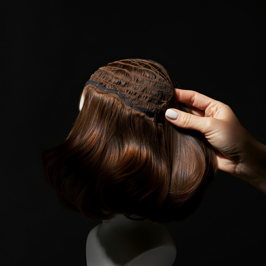 A close-up shot of a woman's hand gently running fingers through the strands of a human hair topper. The lighting is soft and warm, highlighting the natural texture and movement of the hair.