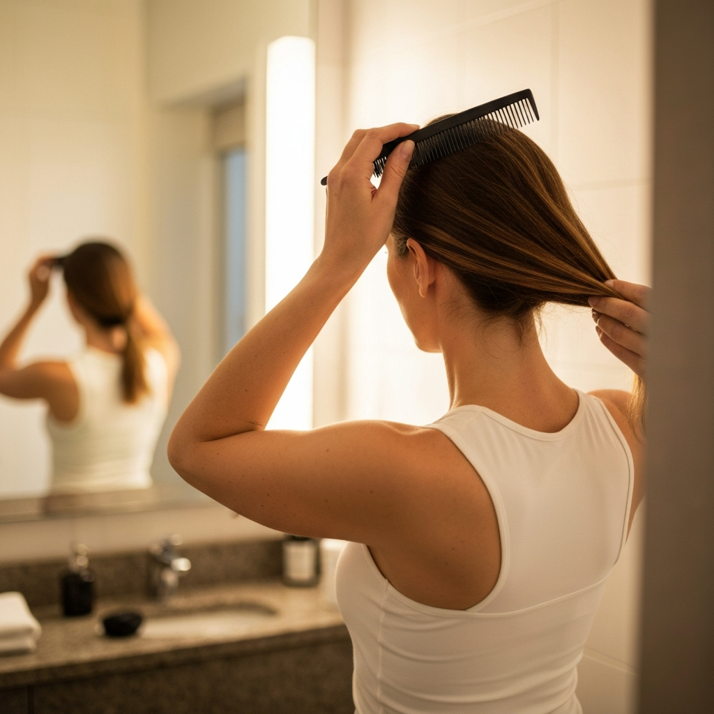 A woman in a well-lit bathroom, standing in front of a mirror, gently teasing the roots of her hair with a fine-tooth comb. Focus on the hand and hair, with a blurred background of the bathroom vanity.