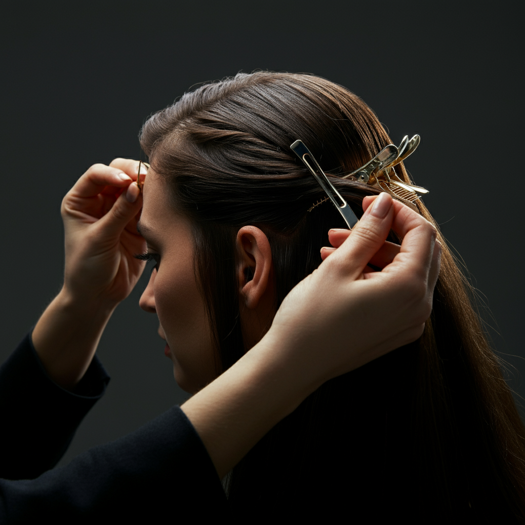 A side-lit image capturing the hands of a person carefully clipping a hair topper onto their hair. The focus is on the clip and the surrounding hair, creating a shallow depth of field.