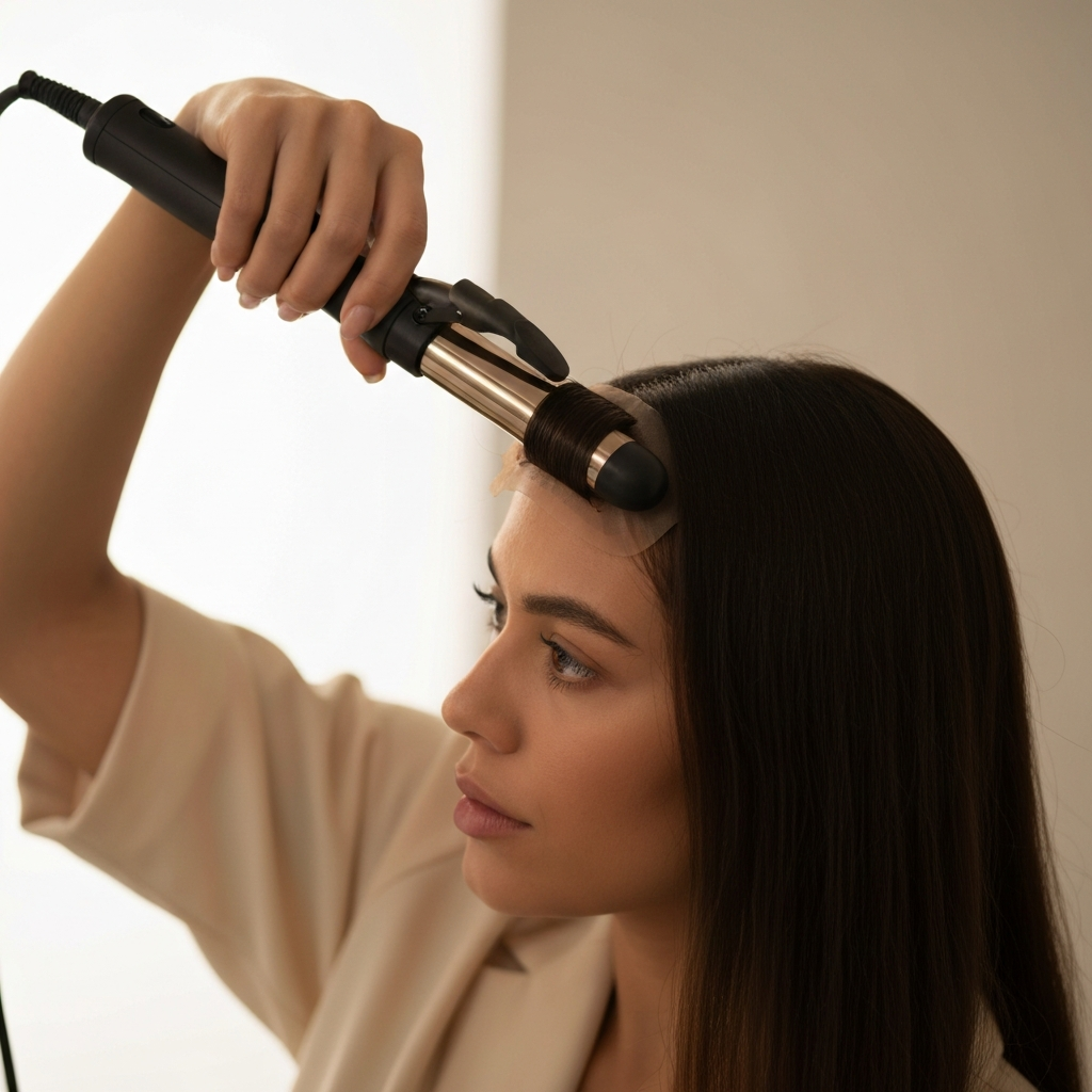 A person in a brightly lit studio, using a curling iron to style a human hair topper. The focus is on the hair and the curling iron, with soft bokeh in the background.