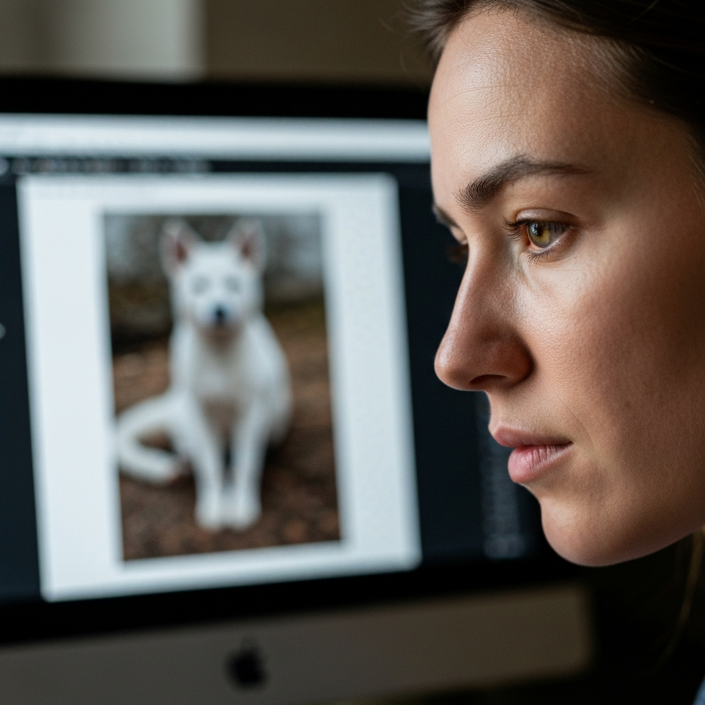 Close-up shot of a person's eyes intently focused on a computer screen displaying an animal photograph, with soft, natural light illuminating their face.