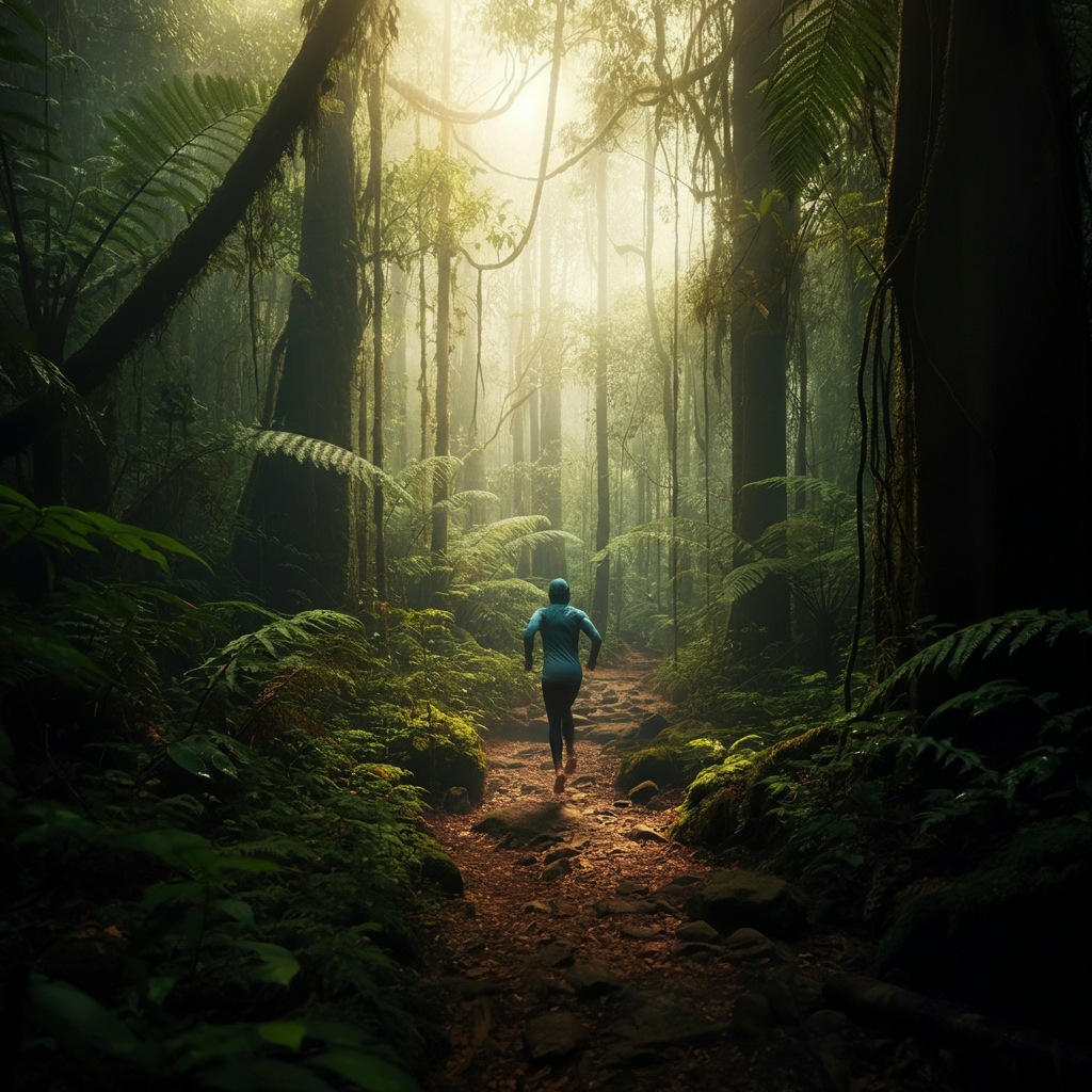 A serene landscape photograph depicting a lush rainforest, with diffused sunlight filtering through the canopy, emphasizing the vibrant green foliage.
