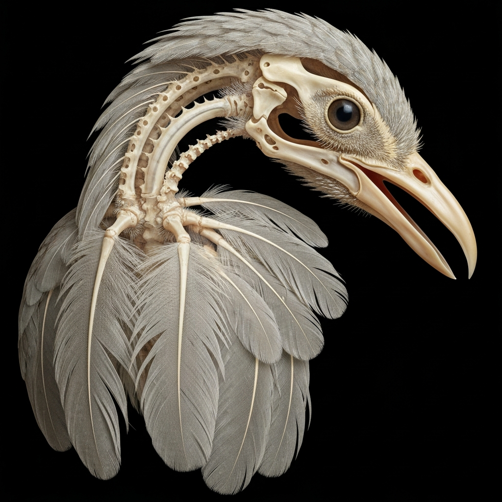 A detailed illustration of a bird's anatomy, showcasing feather structure and skeletal framework, side-lit for clarity.