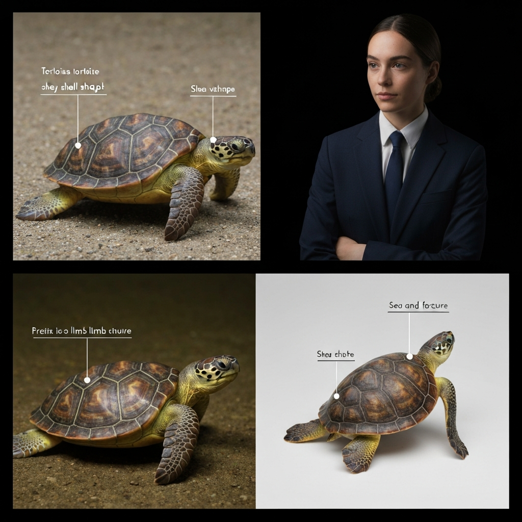 A split-screen image contrasting a tortoise and a sea turtle, with labels highlighting key differences in shell shape and limb structure, photographed in a natural setting.