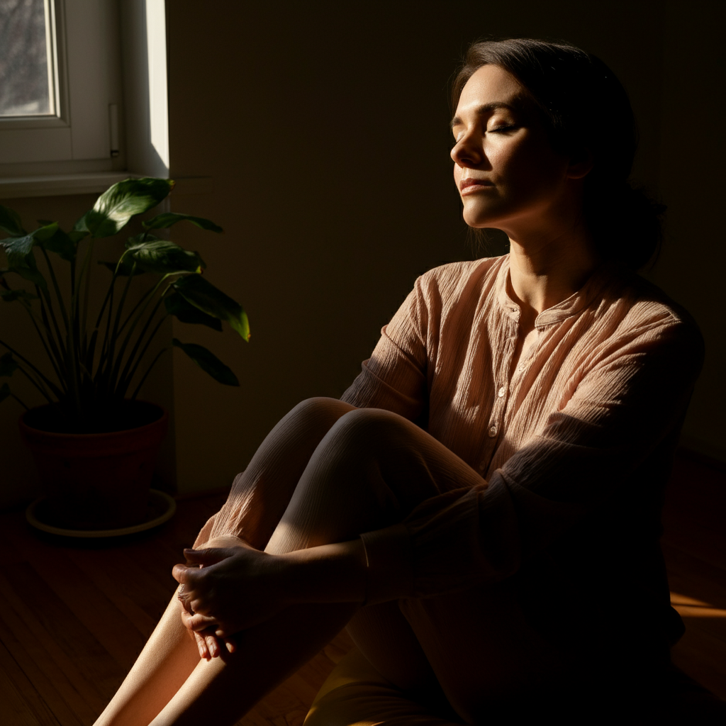 A woman sitting peacefully in a sunlit room, eyes closed, with soft focus on a potted plant nearby, capturing the serene atmosphere.