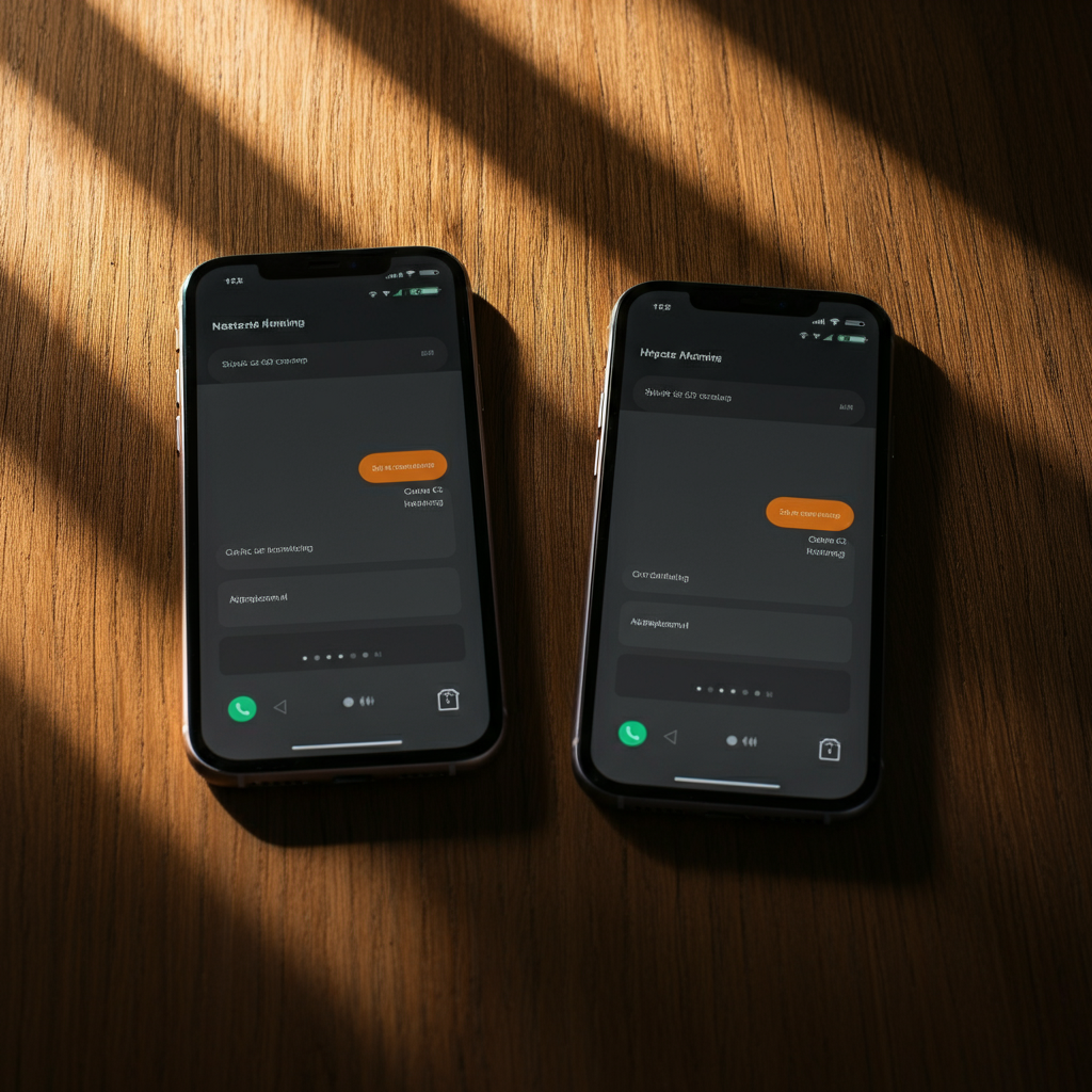 Two smartphones lying side-by-side on a wooden table, both displaying identical timestamps on messages.