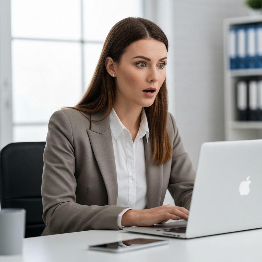 A woman working on a laptop in a bright, modern office, with a slight look of surprise or contemplation on her face.