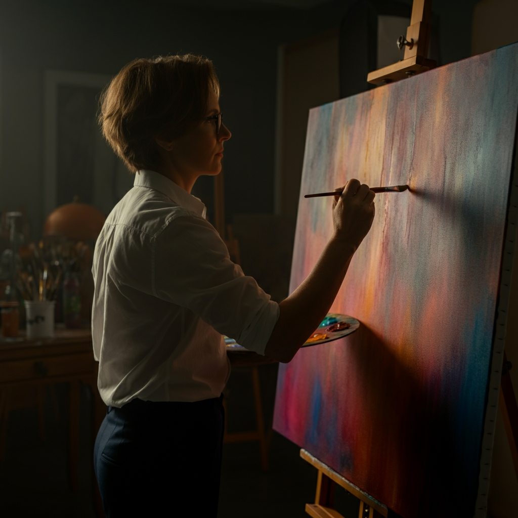 A painter in a bright studio, putting the final touches on a vibrant canvas, bathed in natural light.