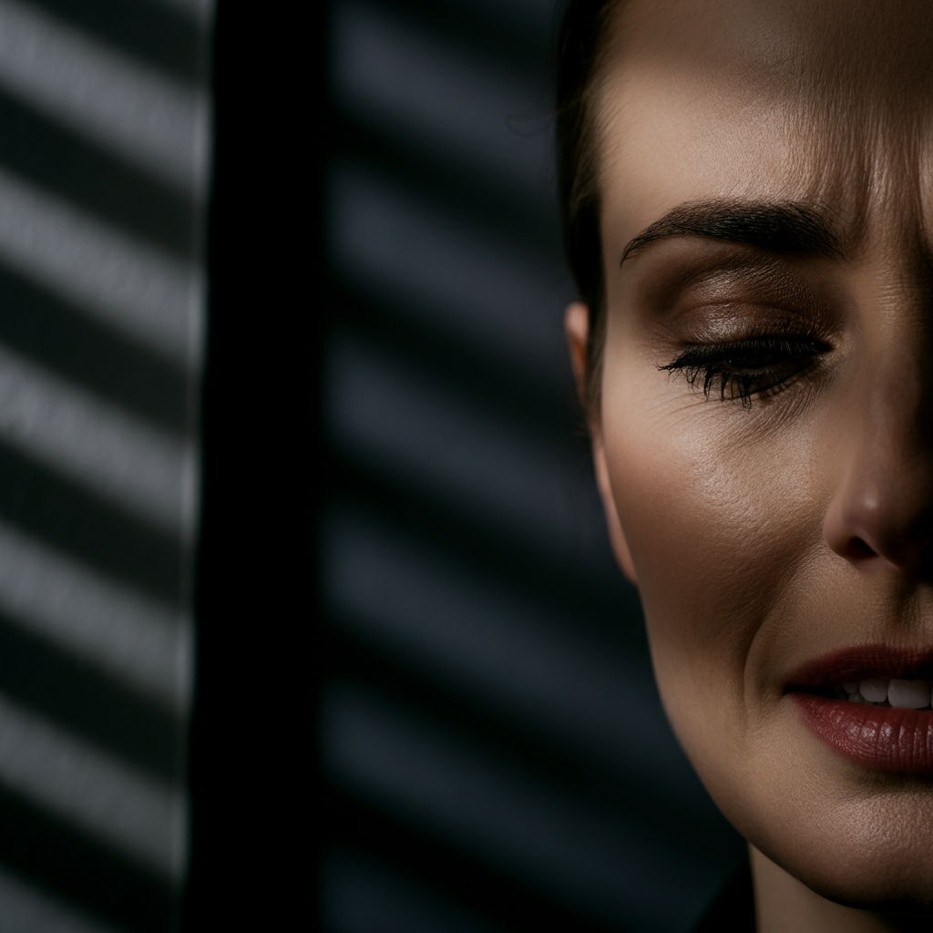 A close-up shot of a woman's face, showing a fleeting expression of sadness or joy, with a blurred background.