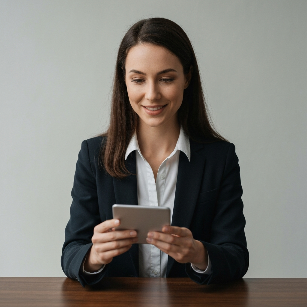 A woman sitting in a quiet room, with a focused expression and a slight smile, as if receiving a silent message.