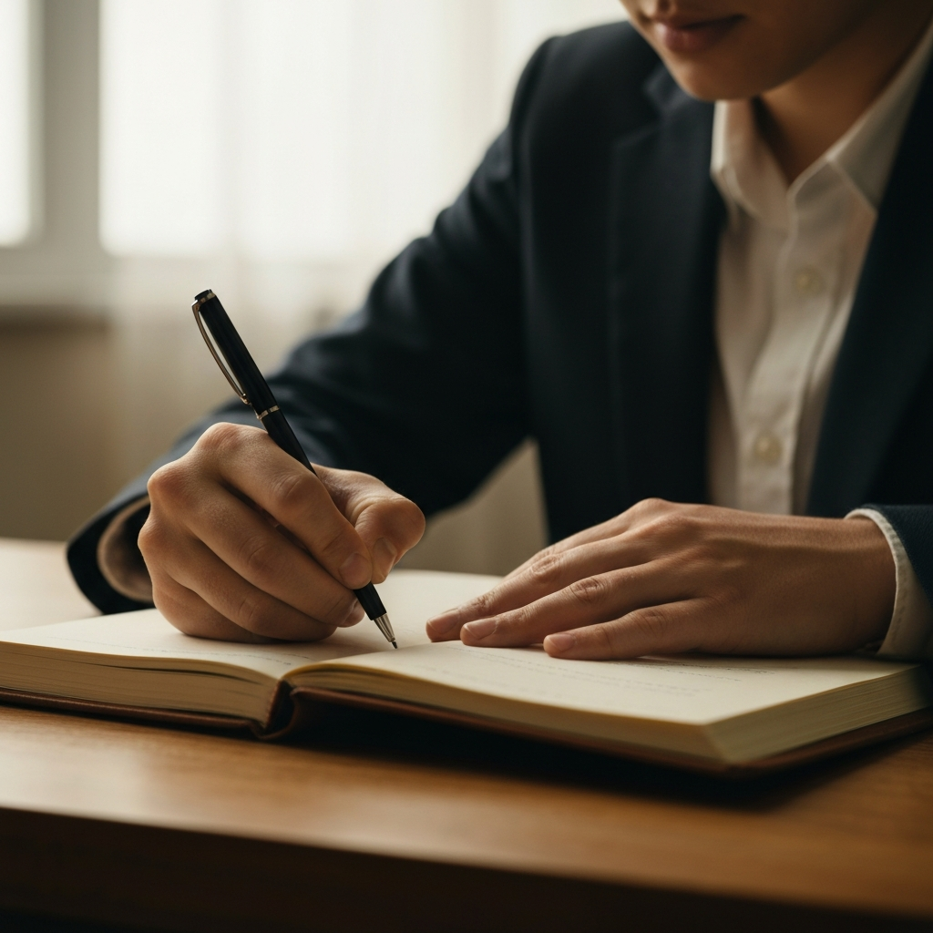 A close-up shot of a person's hand writing in a journal. The lighting is soft and diffused, creating a warm and inviting atmosphere. The journal is leather-bound and well-worn, suggesting a history of personal reflection.