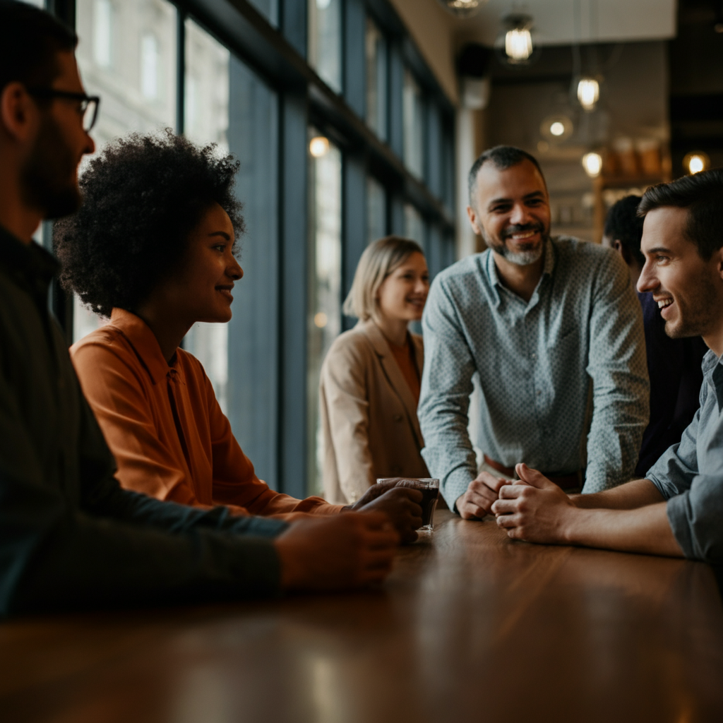 A group of diverse people are engaged in a friendly and respectful conversation in a well-lit coffee shop. They are all smiling and making eye contact, indicating a sense of connection and understanding. The background is slightly blurred, creating a soft bokeh effect.
