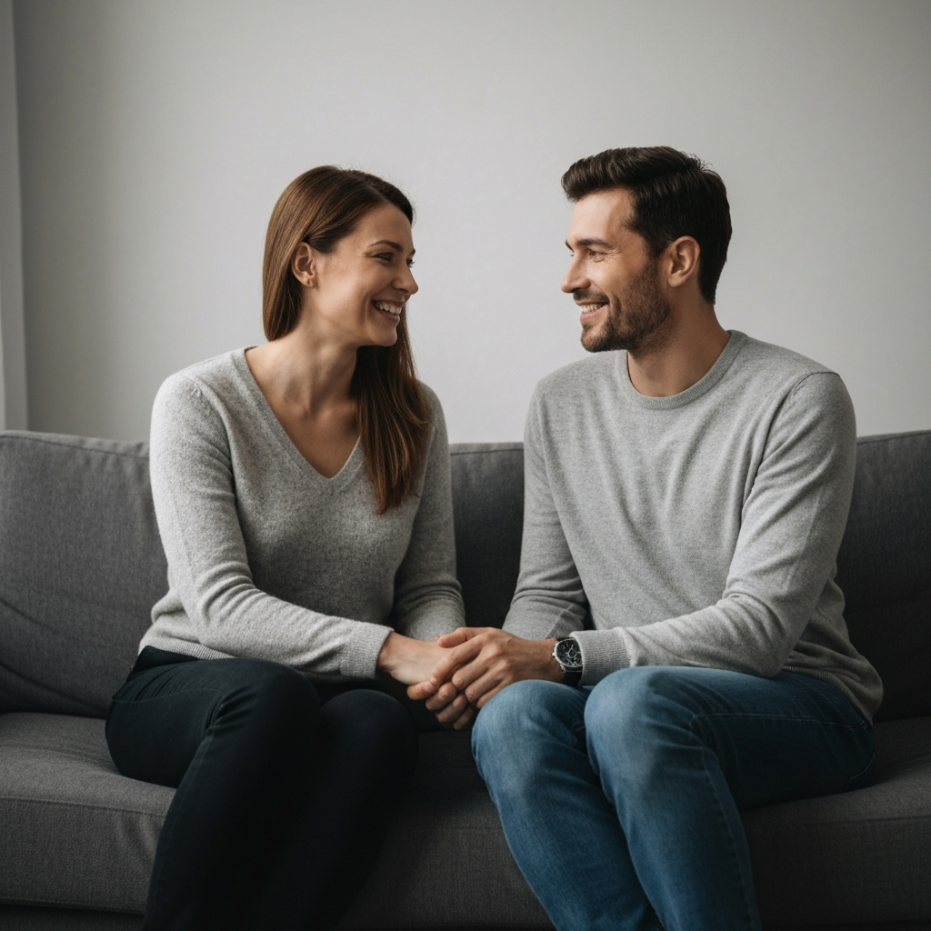 A couple is sitting on a couch, facing each other. They are both fully clothed and smiling warmly. They are holding hands and engaged in a deep and meaningful conversation. The room is decorated in a cozy and inviting style.