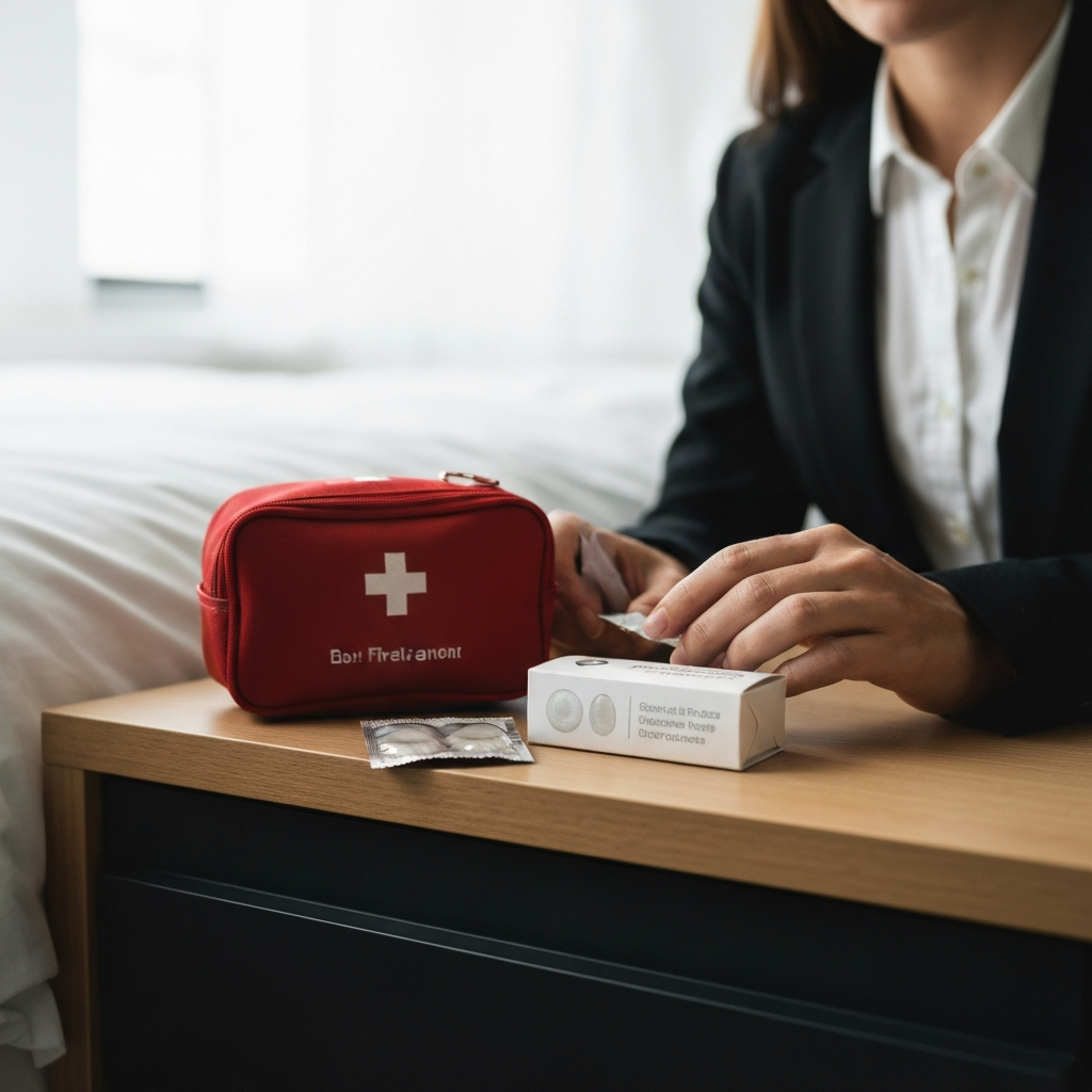 A close-up shot of a first-aid kit and a box of condoms on a bedside table. The lighting is soft and natural, highlighting the importance of safety and preparation.