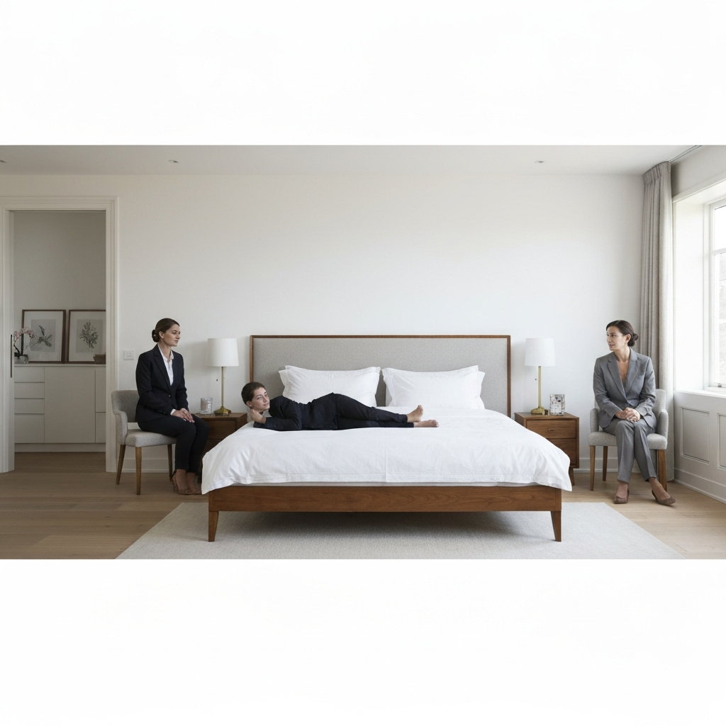 A brightly lit and well-organized bedroom with tasteful decorations. The room exudes a sense of comfort and relaxation. The bed is neatly made, suggesting a space for intimate connection.