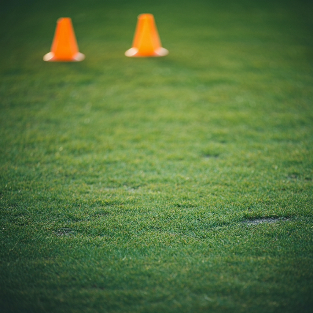 Wide shot of a grassy field with two sets of orange cones marking goals at opposite ends. Soft, diffused daylight. The grass is slightly de-saturated. Slight depth of field with the far goals slightly blurred.