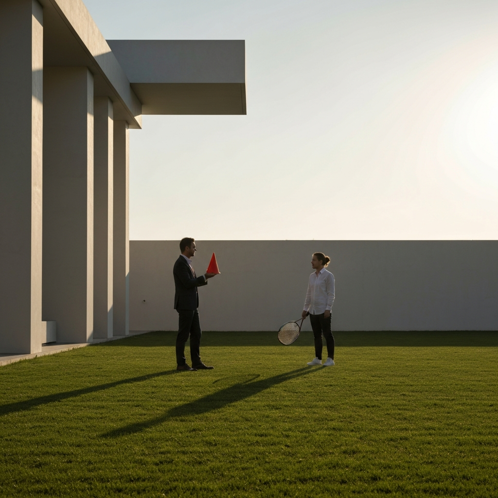 Medium shot of two figures on a grassy field. One person is holding dome cones, the other a tennis racket. Golden hour lighting, casting long shadows.