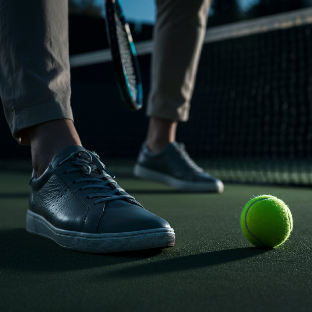 Low-angle shot of a foot kicking a tennis ball. Focus on the texture of the shoe and the ball. Blurred background showing the lower legs and the playing surface. Side-lit textures.