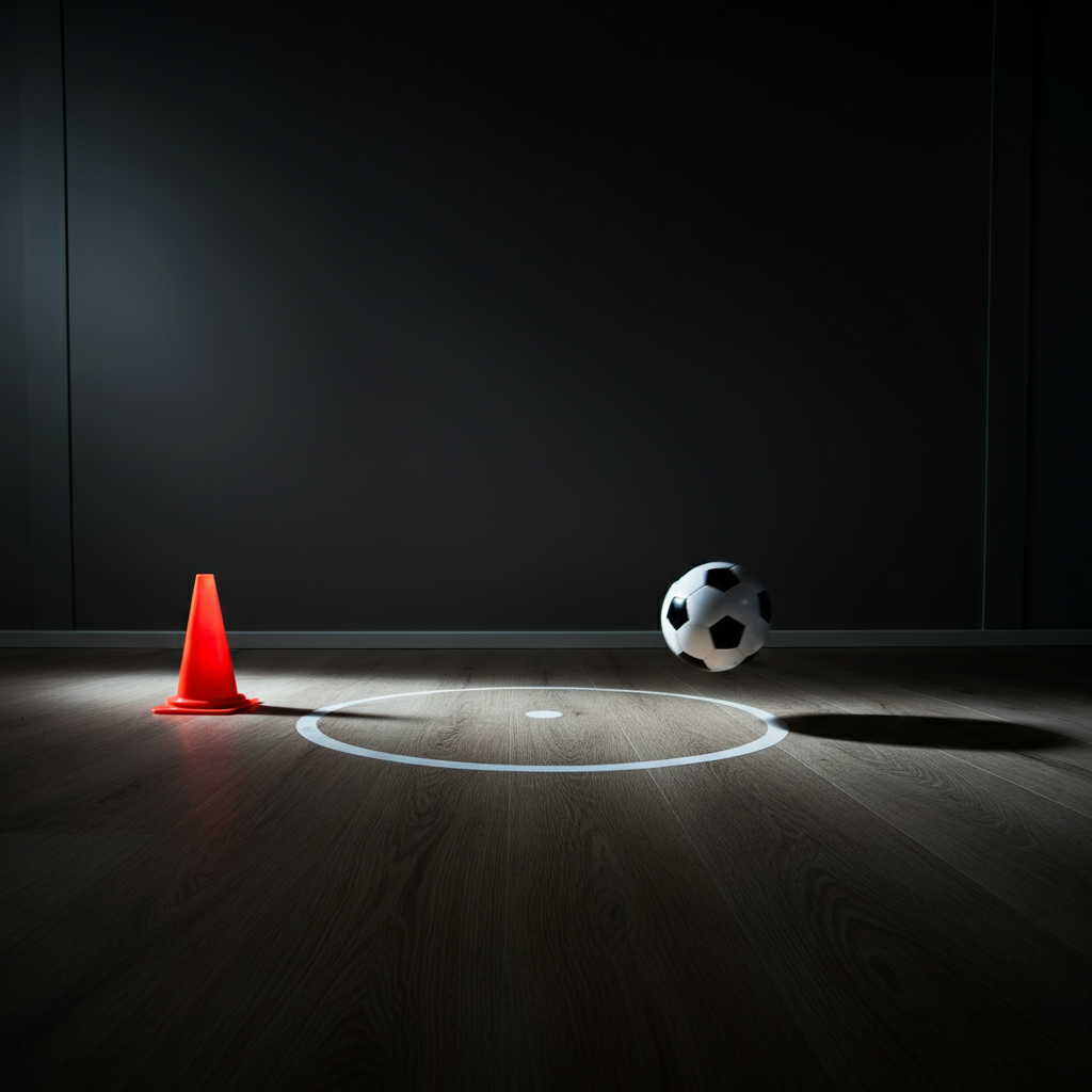 Overhead shot of the goal area, showing the cones and the potential trajectory of the ball. Soft bokeh in the background, highlighting the focused area. Balanced lighting.