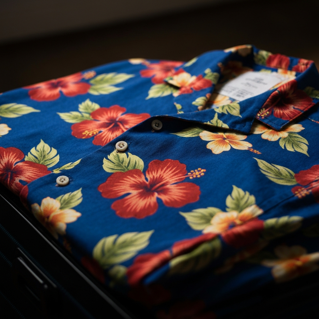 A close-up shot of a Hawaiian shirt with bright red and yellow hibiscus flowers against a deep blue background. The shirt is neatly ironed but slightly rumpled, suggesting it's been packed in a suitcase. Soft, diffused light highlights the texture of the cotton fabric.