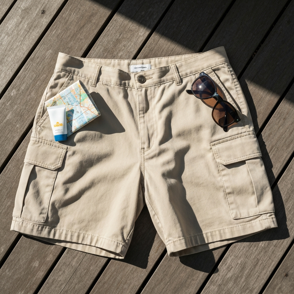 An overhead shot of beige cargo shorts lying on a wooden deck. Several pockets are partially filled with items such as a folded map, a small tube of sunscreen, and a pair of sunglasses. The sunlight casts long, dramatic shadows, emphasizing the texture of the fabric.
