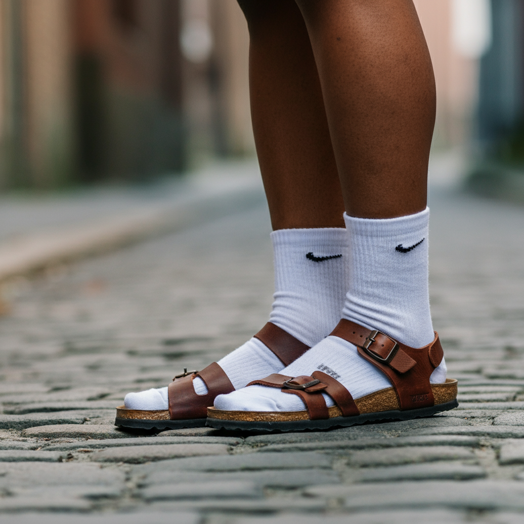 A medium shot of feet wearing white crew socks and brown leather sandals. The feet are resting on a cobblestone street. The socks are slightly worn, and the sandals show signs of use. The lighting is soft and natural, with a shallow depth of field that blurs the background.