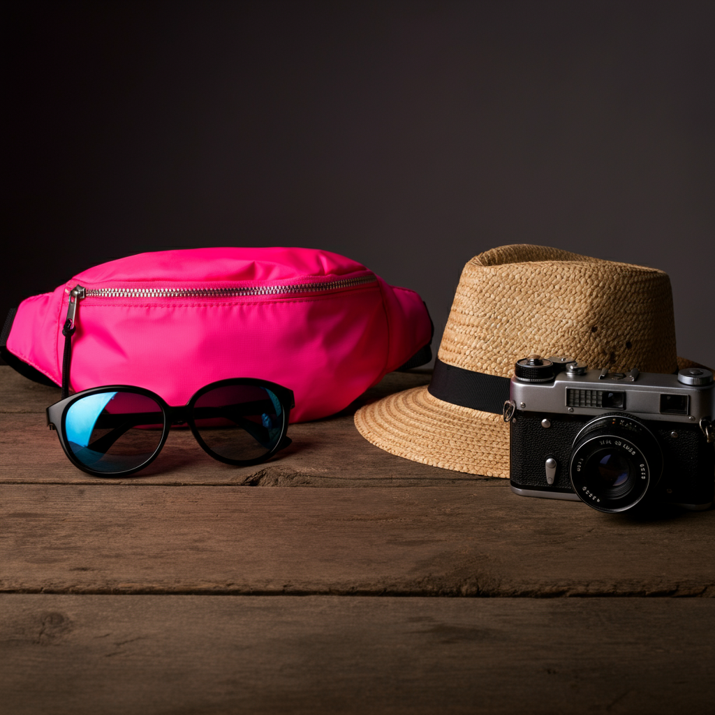 A still life arrangement of tourist accessories: a neon pink fanny pack, an oversized straw hat, a pair of oversized sunglasses with mirrored lenses, and a vintage film camera. The items are arranged on a weathered wooden table, with soft, golden hour lighting highlighting the textures of the straw, nylon, and leather.
