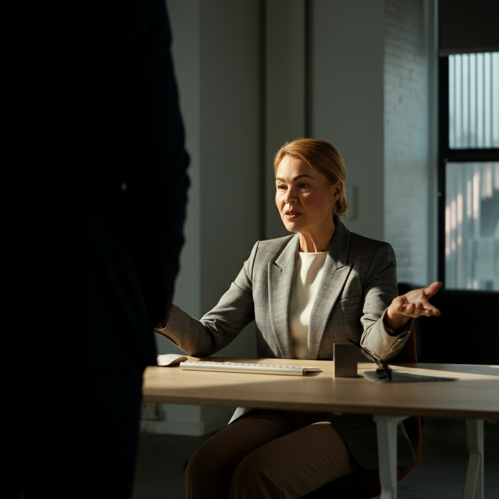 A mid-shot of a professional businesswoman sitting at her desk, calmly and assertively explaining her boundaries to a male colleague standing in front of her. Natural light streams in from a nearby window, highlighting the texture of her tailored blazer and the confident expression on her face. The office is modern and minimalist.