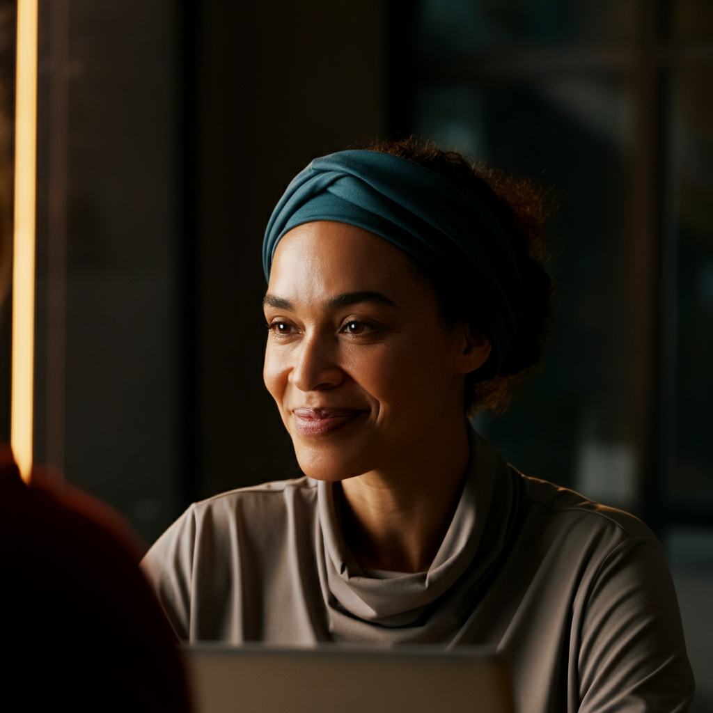 A medium close-up of a woman's face during a meeting. She is making direct eye contact with someone out of frame, with a slight smile playing on her lips. Golden hour lighting filters through a window, softly illuminating her face and creating a warm, approachable atmosphere.