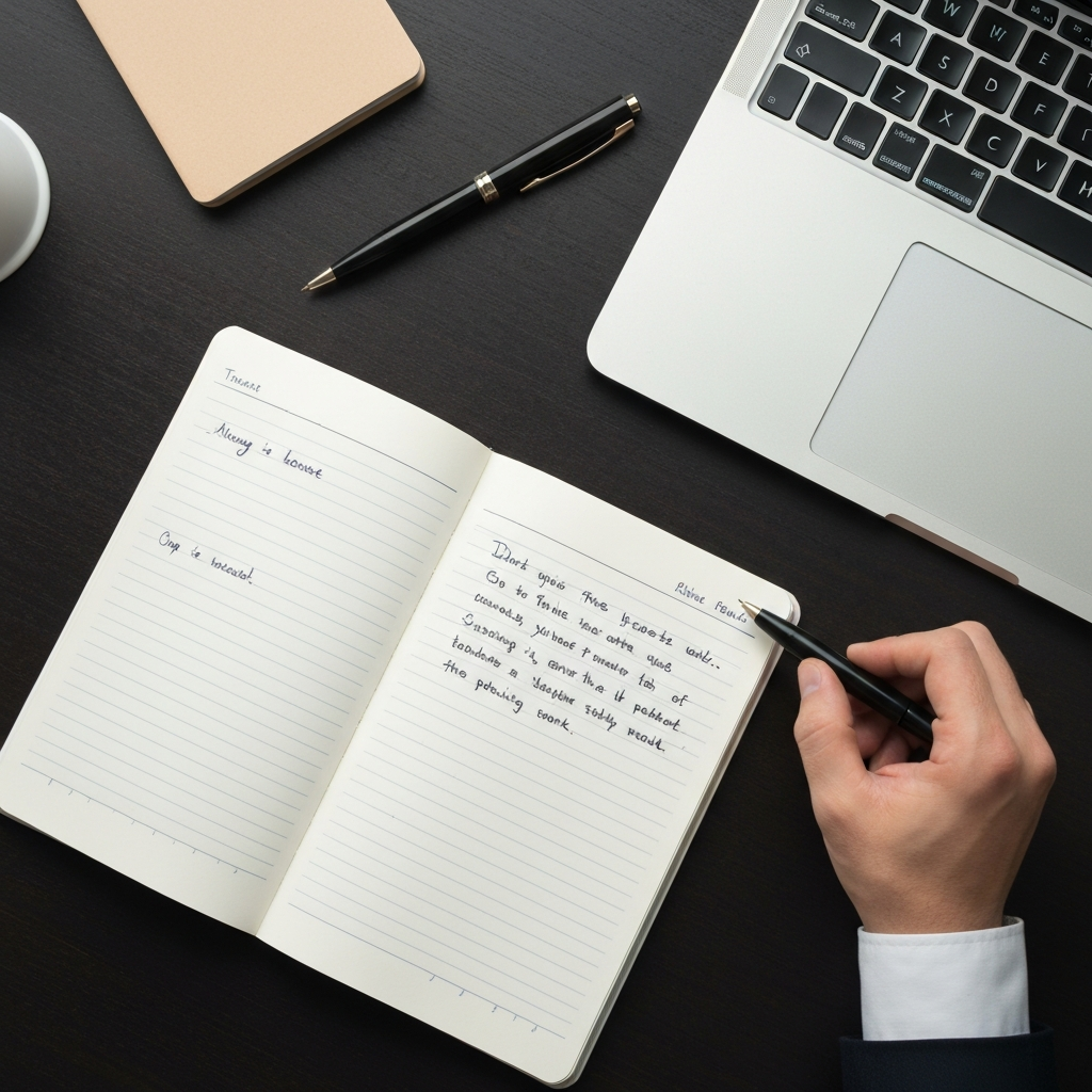 Overhead shot of a desk with a laptop, a notepad, and a pen. The notepad is open to a page with handwritten notes detailing a specific incident at work. Soft, diffused lighting illuminates the scene, highlighting the texture of the paper and the details of the handwriting.