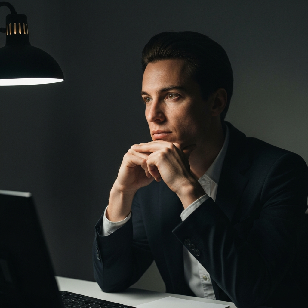 A person sitting at a desk in deep thought, with a hand resting on their chin. The person is looking slightly off-camera, seemingly weighing their options. The scene is dimly lit, with a single light source illuminating the person's face and creating dramatic shadows.