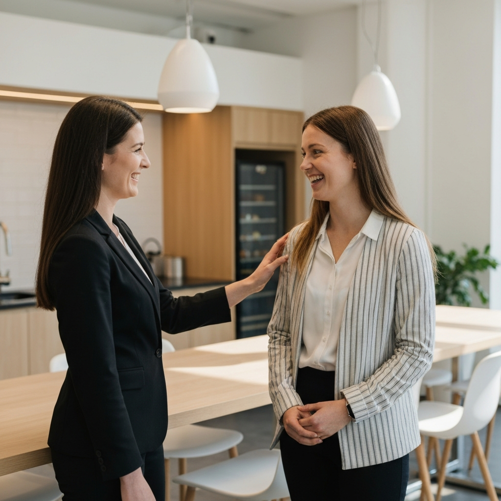Two female colleagues having a conversation in a break room. They are both smiling and engaged in the conversation, with one woman placing a comforting hand on the other's arm. The break room is brightly lit with natural light, creating a warm and inviting atmosphere.