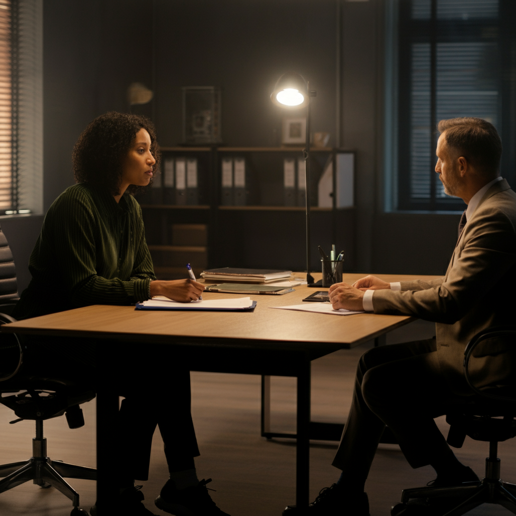 A woman sitting in a professional office, presenting documentation to a HR representative across a large desk. The office is clean and modern, with soft, indirect lighting. The atmosphere is serious and professional, but also respectful and supportive.