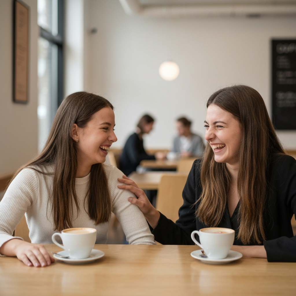A brightly lit coffee shop scene, two girls laughing over coffee. One has a hand gently placed on the other's arm, indicating comfort. Soft bokeh background of other patrons.