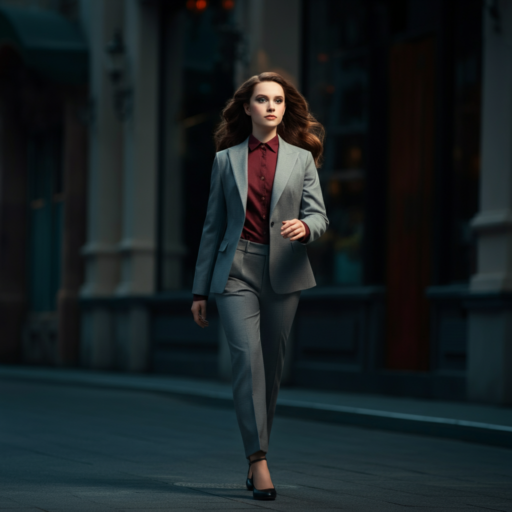 A girl confidently walking down a city street with a purposeful stride. Her expression is calm and assertive. The background is slightly blurred to emphasize her movement and confidence.