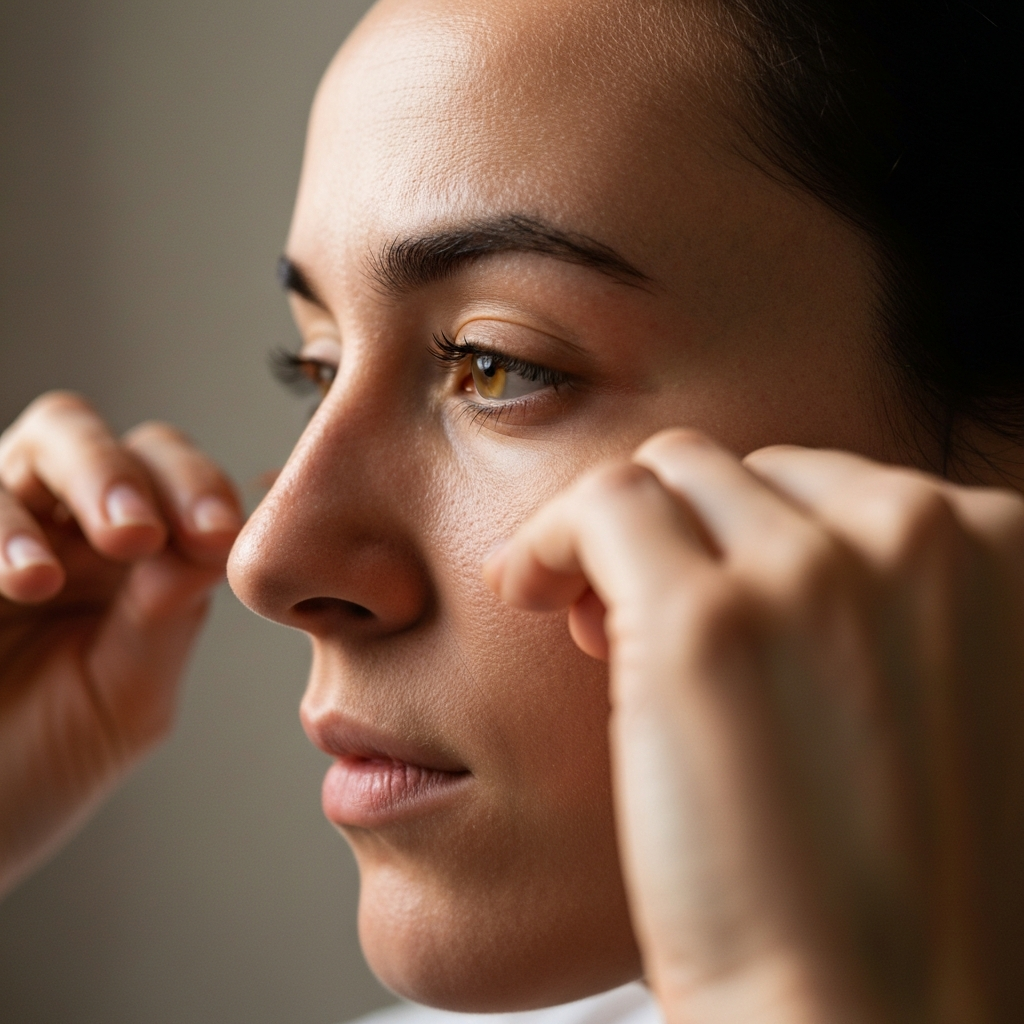 A close-up shot of a person's face, side-lit with soft, diffused light. They are performing the UUDD exercise, with emphasis on the eyebrow and eye movements. Focus is on the subtle muscle contractions. The background is a blurred neutral tone.