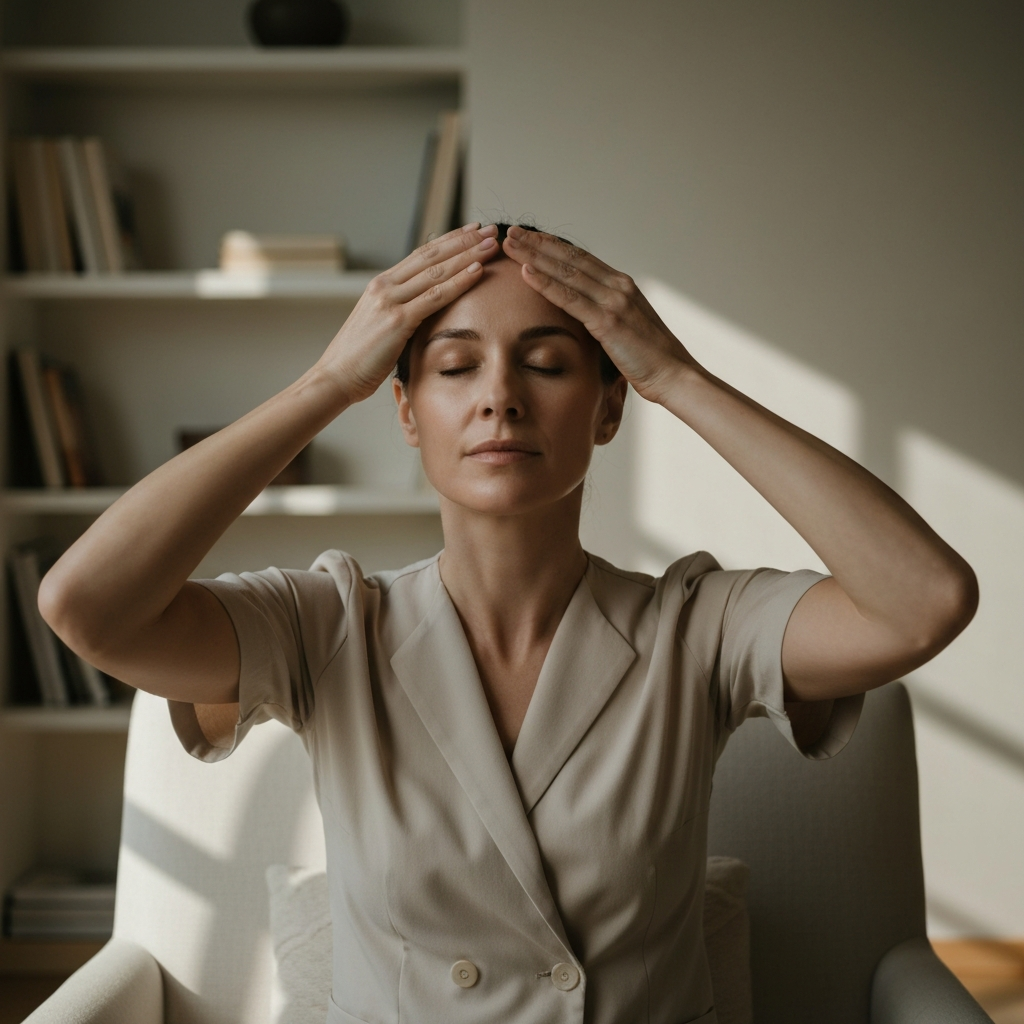 A woman seated in a well-lit room, demonstrating a forehead massage technique. Her face is relaxed, and her hands are visible applying gentle pressure. The background features a blurred bookshelf and soft, warm light.