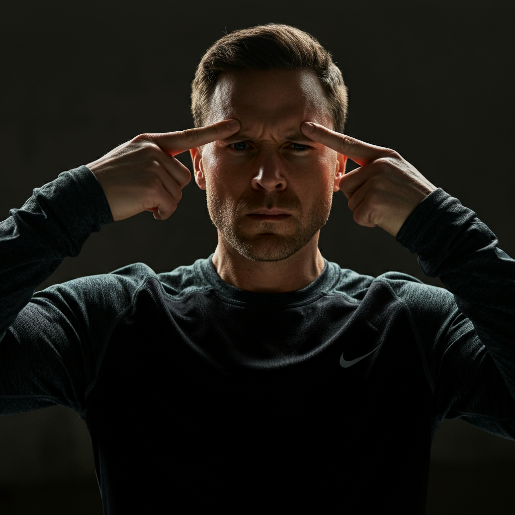 A man in a dimly lit studio with a focused expression, performing the squint and pull exercise. His fingers are placed correctly on the orbital bones, and his eyes are slightly squinting. Soft shadows define his facial features. The background is intentionally dark and out of focus.