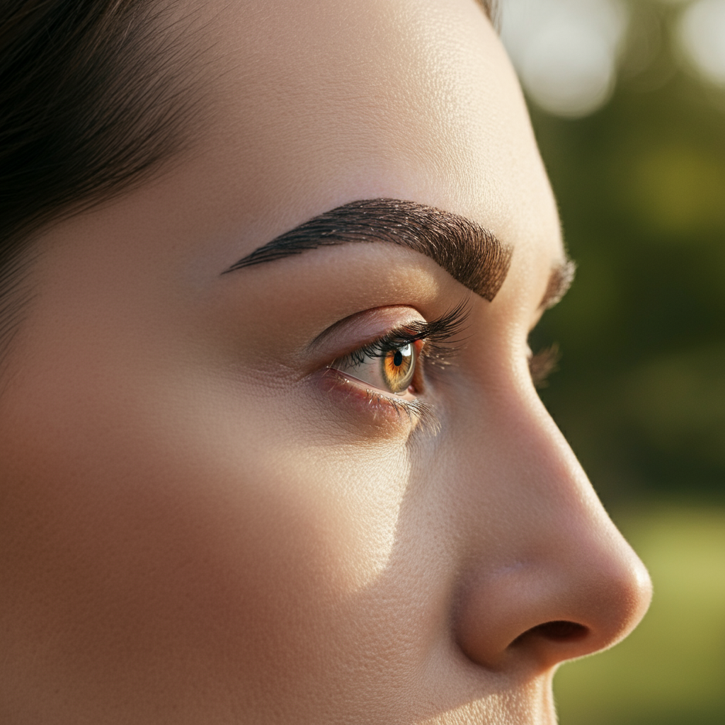 A profile shot of a person's face, showcasing the subtle relaxation of their eyebrows. The lighting is natural and even, highlighting the brow's position relative to the eye. The background is a blurred outdoor scene with natural foliage.