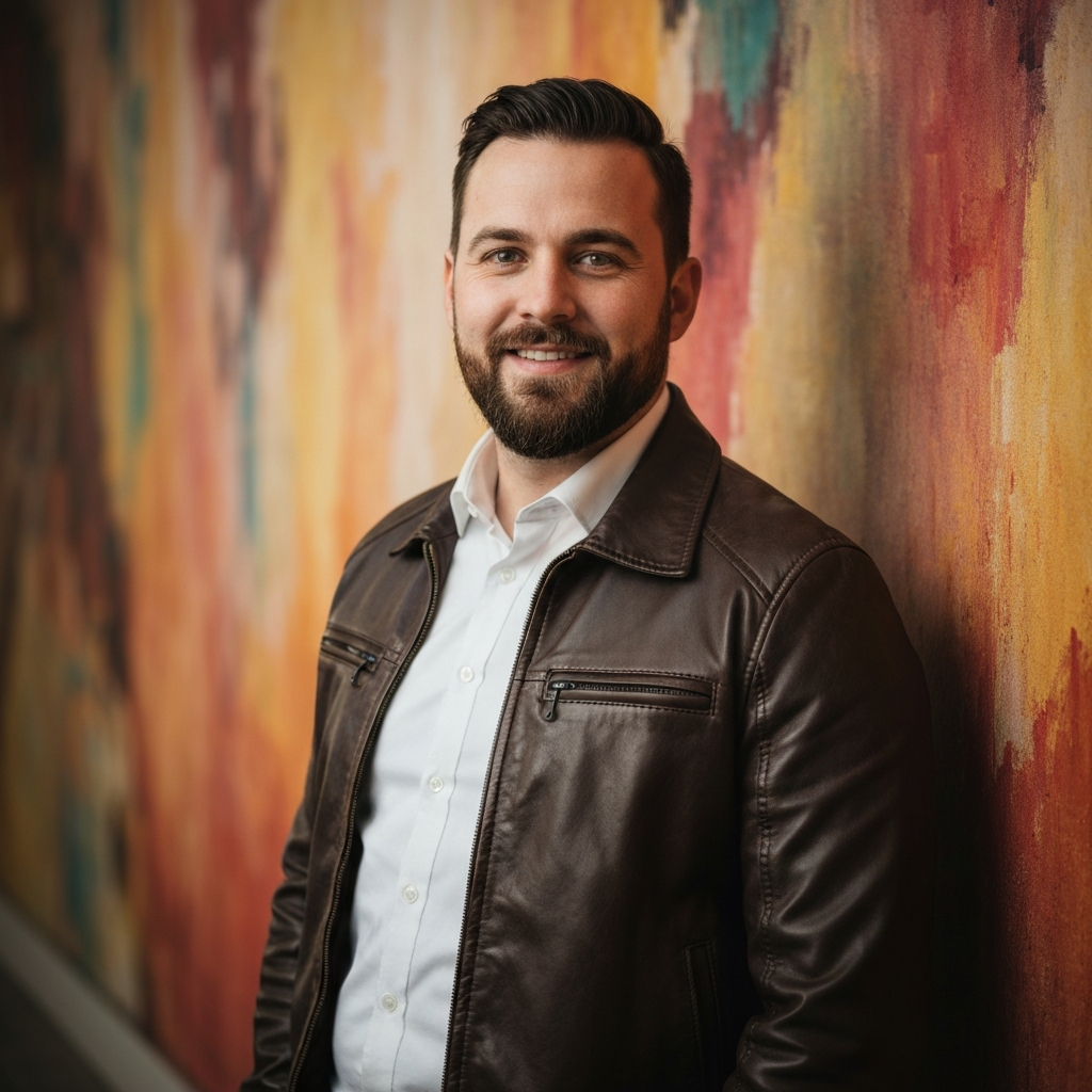 A person standing against a neutral wall, practicing the chin-down gaze. Their head is slightly tilted down, and their eyes are looking forward. The light is focused on their face, creating subtle shadows that accentuate their features. Their clothing is business casual, and posture is confident.