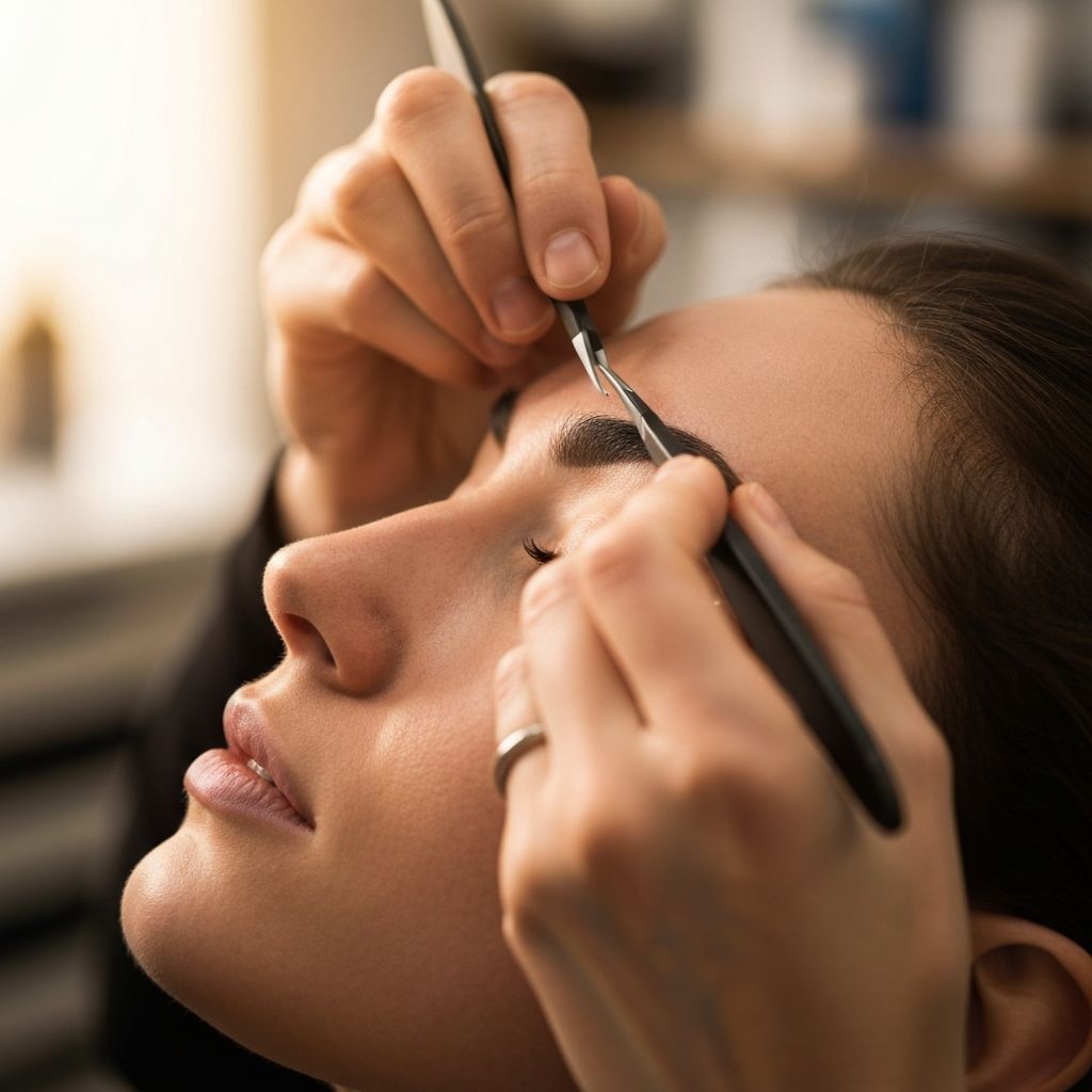 A close-up of a person's face during an eyebrow grooming session. Focus is on the stylist's hands using tweezers with precision. Soft, diffused light highlights the fine details of the eyebrows and skin. The background shows a blurred salon environment.