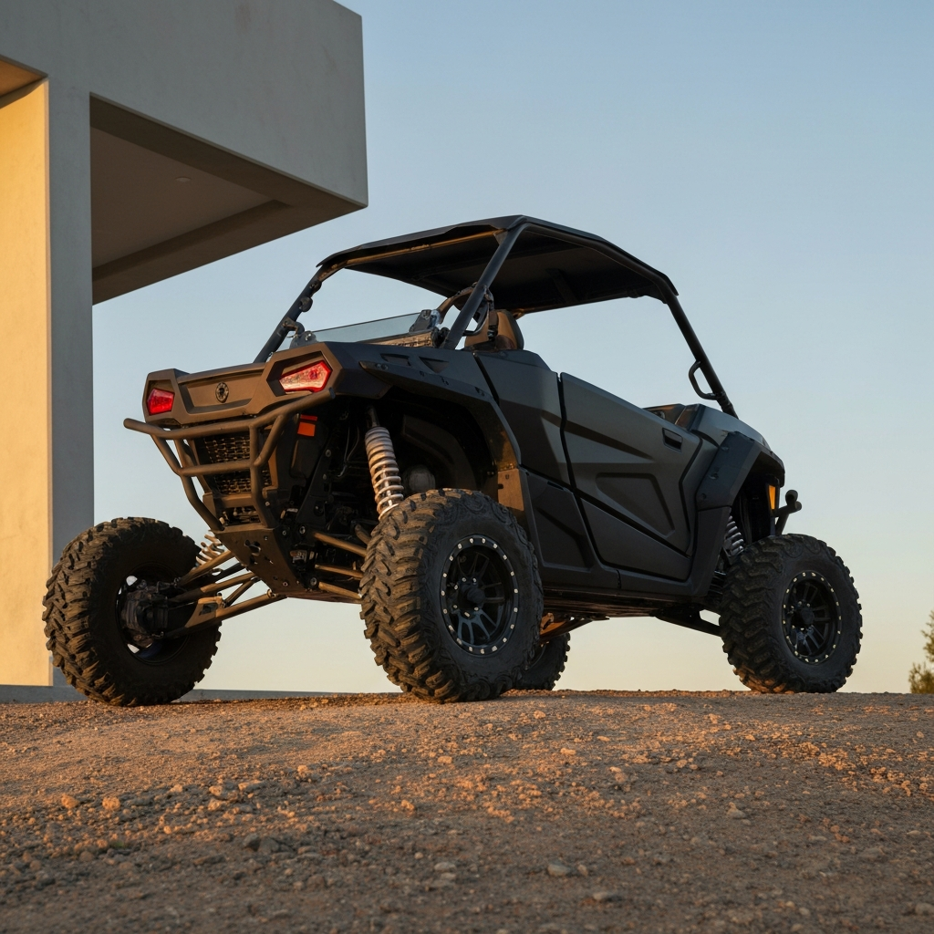 Wide shot of a UTV with a newly installed lift kit, parked on a slightly inclined rocky surface. Golden hour lighting highlights the increased ground clearance. The UTV is clean and well-maintained.