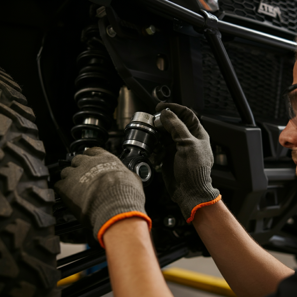 Medium shot of a mechanic installing a heavy-duty tie rod end on a UTV. Focus is on the connection point and the tools being used. The mechanic is wearing gloves and safety glasses.