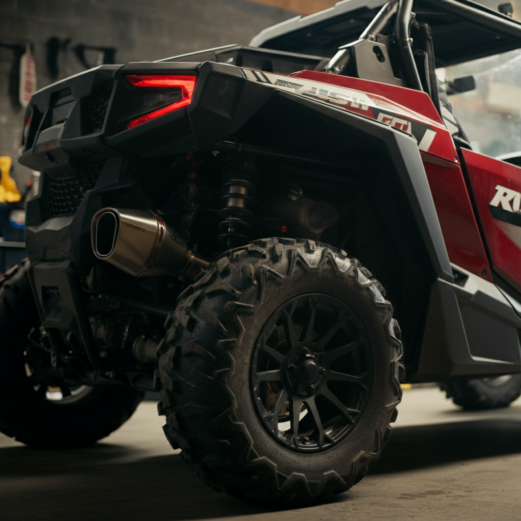 Side view of a UTV with an aftermarket exhaust system, showing the exhaust tip and the overall design. The UTV is parked in a garage, with tools and equipment visible in the background. Soft side lighting enhances the metallic textures.