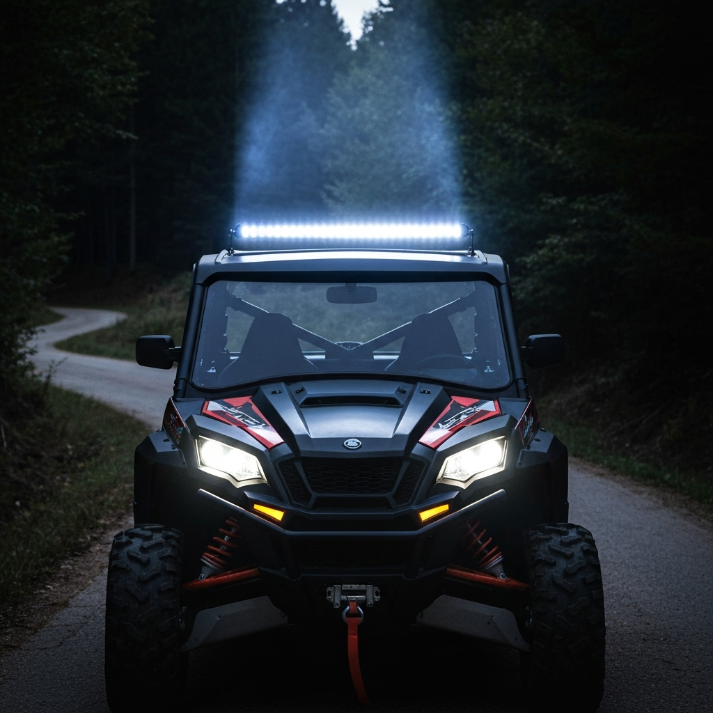 Front view of a UTV with an LED light bar mounted on the roof. The light bar is turned on, illuminating a dark forest road. The headlights of the UTV are also visible.