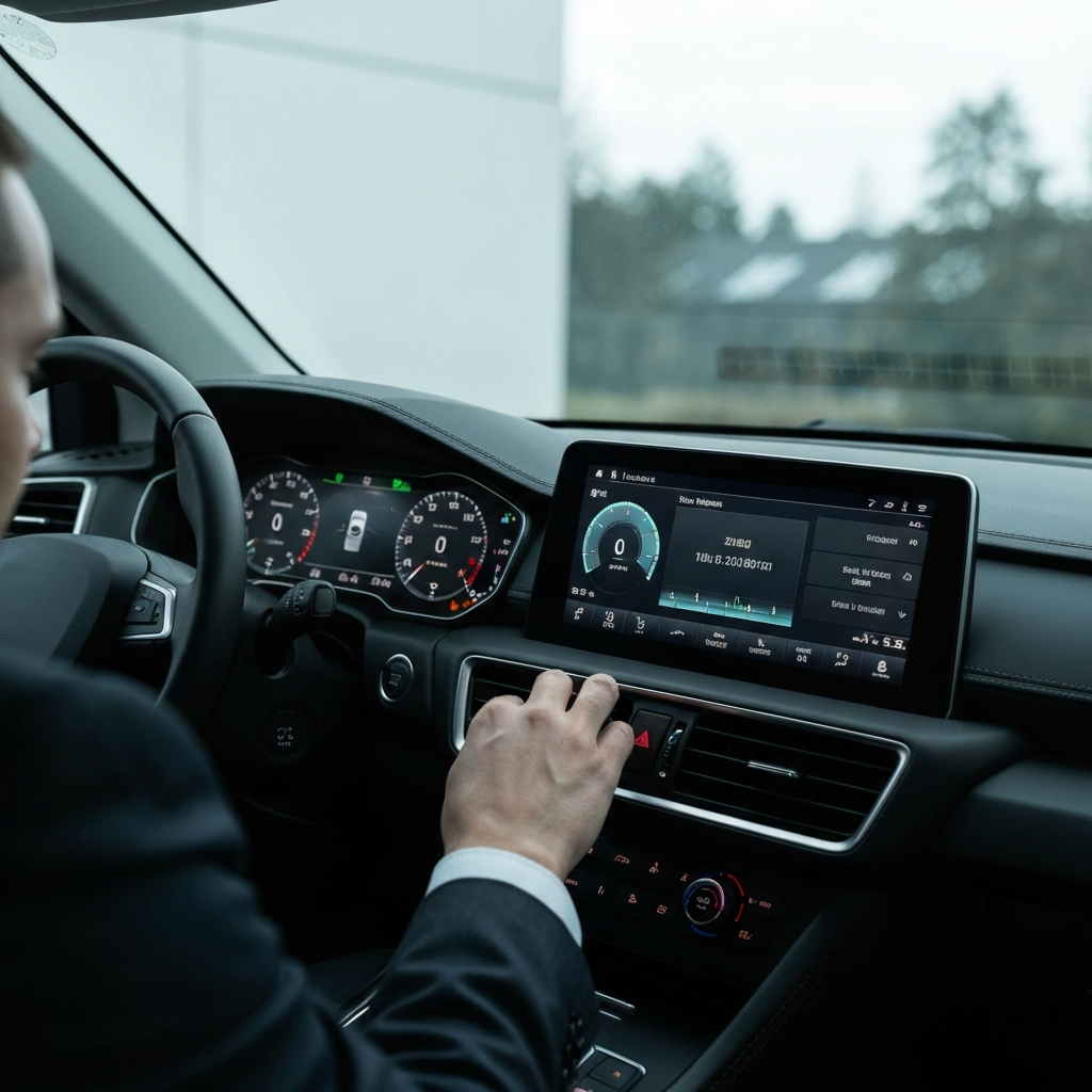 A high-tech dashboard with multiple digital displays showing real-time vehicle data, including speed, acceleration, and GPS location. Soft, cool lighting with a focus on the glowing screens. Hands of a driver adjusting a setting on the center console.