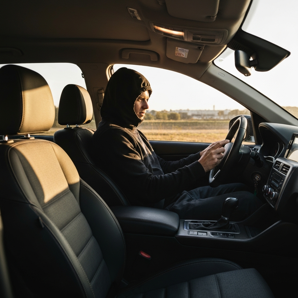 Interior of a car with two people in the front seats. The passenger is holding a phone, and the driver has their hands on the steering wheel. Natural daylight streaming through the windows, highlighting the textures of the upholstery.
