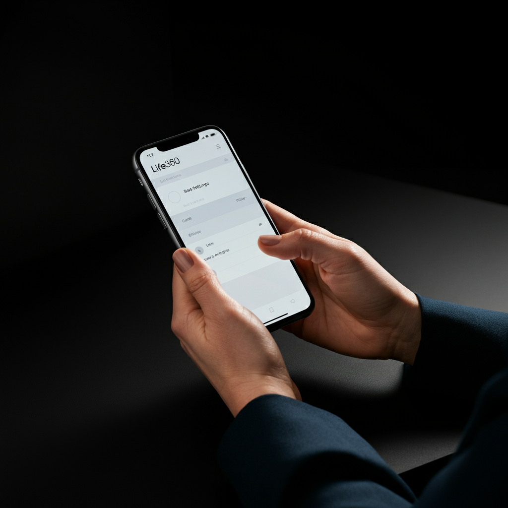 Hands of a person navigating the Life360 app on a smartphone, focusing on the settings menu. Soft, diffused lighting with shallow depth of field, highlighting the phone screen.