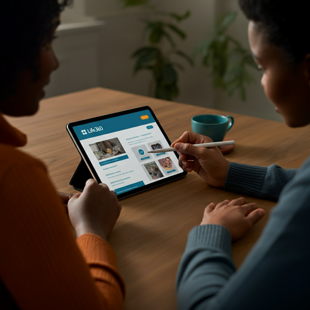 Two people sitting at a table, discussing information displayed on a tablet screen showing a Life360 FAQ page. Warm, inviting lighting with a focus on their expressions of understanding.