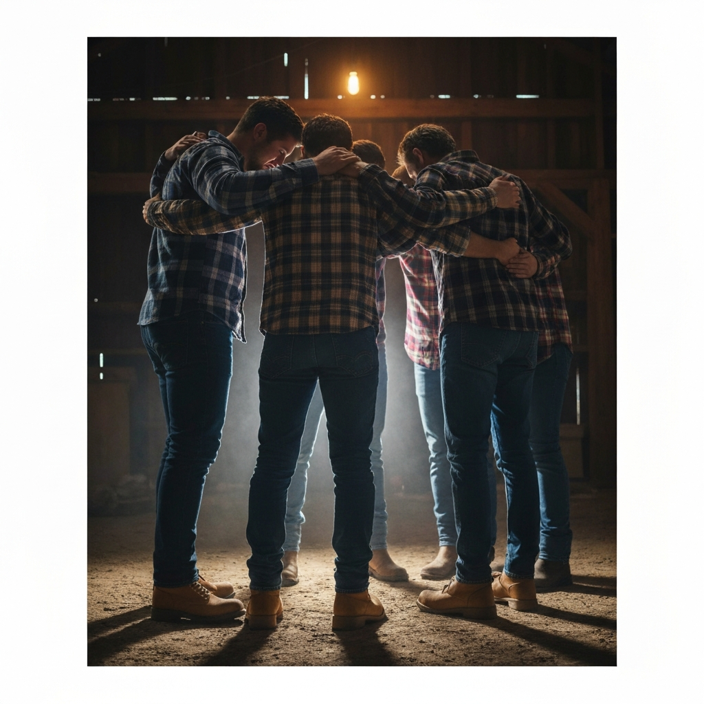 A group of four people in jeans, flannel shirts, and work boots huddle together in a dimly lit barn, backlit by a single bare bulb. Dust motes hang in the air.